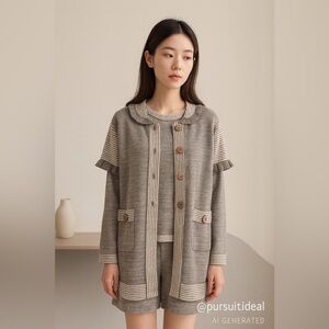 Korean/Japanese Knit 2-Piece Sweater Set Grey Soft Wool Blend M–L Cottagecore